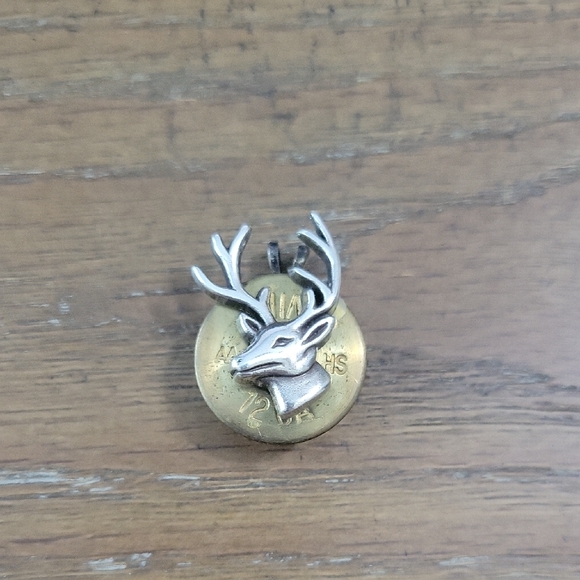 Silver Deer Head pendant with Gold tone Button shell case as backing - Picture 1 of 5